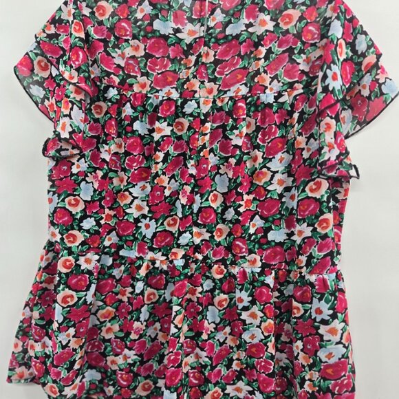 Pretty Garden Pink Floral High Neck Button Back Ruffled Short Sleeve Blouse L - Picture 2 of 10